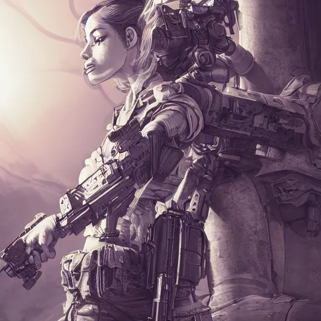 Image similar to the portrait of lawful neutral female futuristic marine sniper as absurdly beautiful, gorgeous, elegant, young gravure idol, an ultrafine hyperdetailed illustration by kim jung gi, irakli nadar, intricate linework, bright colors, octopath traveler, final fantasy, unreal engine 5 highly rendered, global illumination, radiant light, detailed and intricate environment