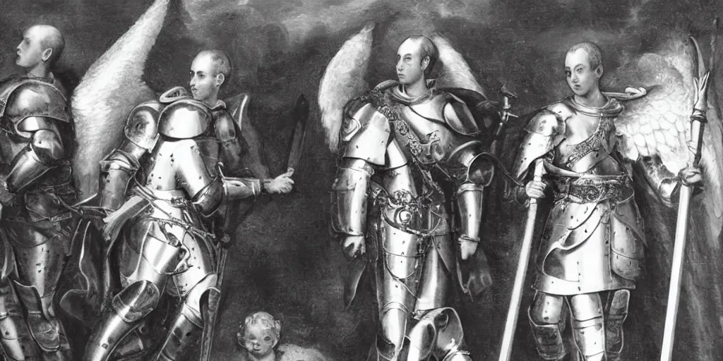 Prompt: photo of prince william, duke of cambridge wearing knight's armor with heavenly angels surrounding him