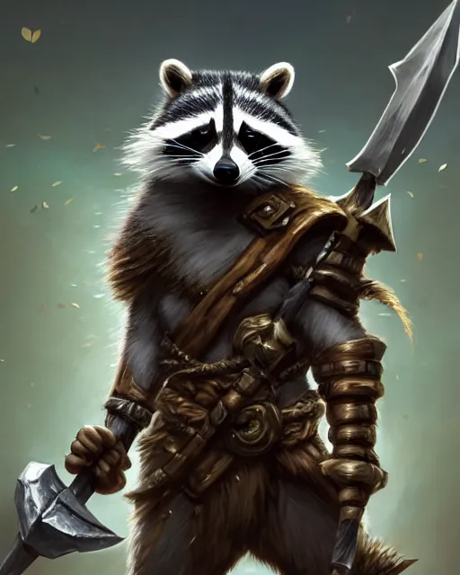 Image similar to closeup 2 8 mm anthropomorphic barbarian raccoon with a sword in a castle, d & d, fantasy, intricate, action pose, particle effects, highly detailed, digital painting, artstation, concept art, matte, sharp focus, volumetric lighting, illustration, hearthstone, art by artgerm, wlop, greg rutkowski and alphonse mucha