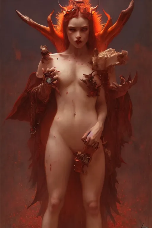 Image similar to a full body portrait of devil demon girl wearing devil clothes, high detail, cleary see face, by gaston bussiere, bayard wu, greg rutkowski, odd nerdrum, maxim verehin, dan dos santos, masterpiece, sharp focus, cinematic lightning