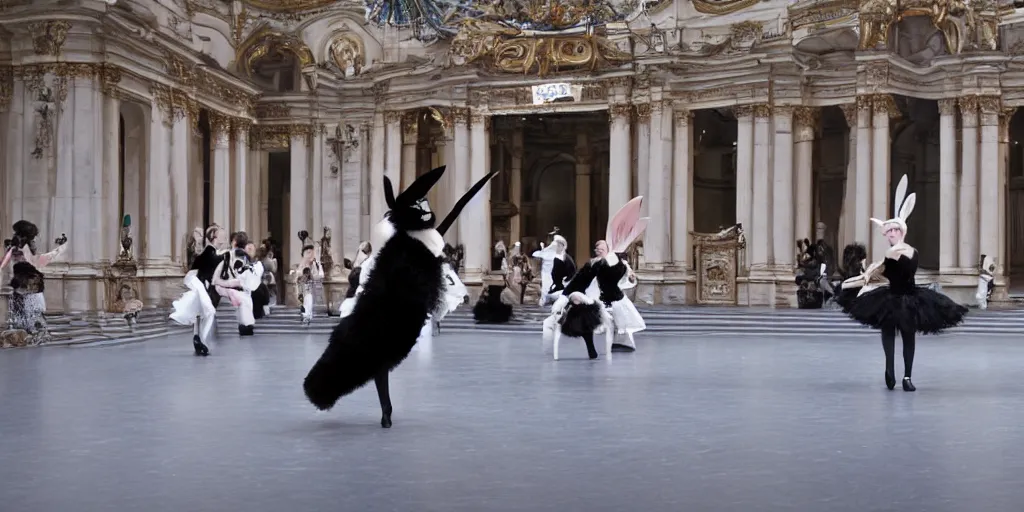 Prompt: a bunny balerina dancing the black swan on the stage of the opera garnier