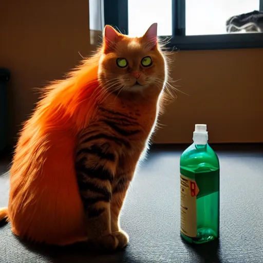 Prompt: a cat standing next to a bottle of medicine. the cat was orange in color and having fluffy fur, pixar movie style, animal,