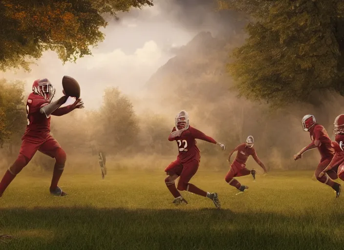 Image similar to big motion picture scenery artwork by robert svebeck, rendering of several young wizards playing in a football on a mystical field, matte painting, trending on artstation and unreal engine