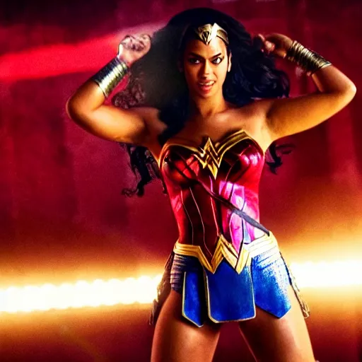 Image similar to A movie still of Beyonce as Wonder Woman, dynamic lighting, smiling, 8k, Heroic Pose, 2022 picture of the year