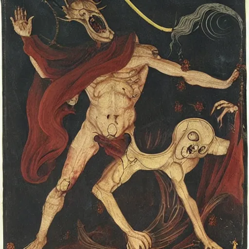 Image similar to a horror vacui depicting birth death God and the devil,