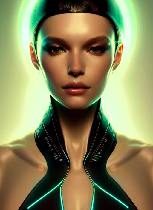 Prompt: portrait of futuristic female humanoid, intricate, elegant, cyber neon lights, highly detailed, digital photography, artstation, glamor pose, concept art, smooth, sharp focus, art by artgerm and greg rutkowski