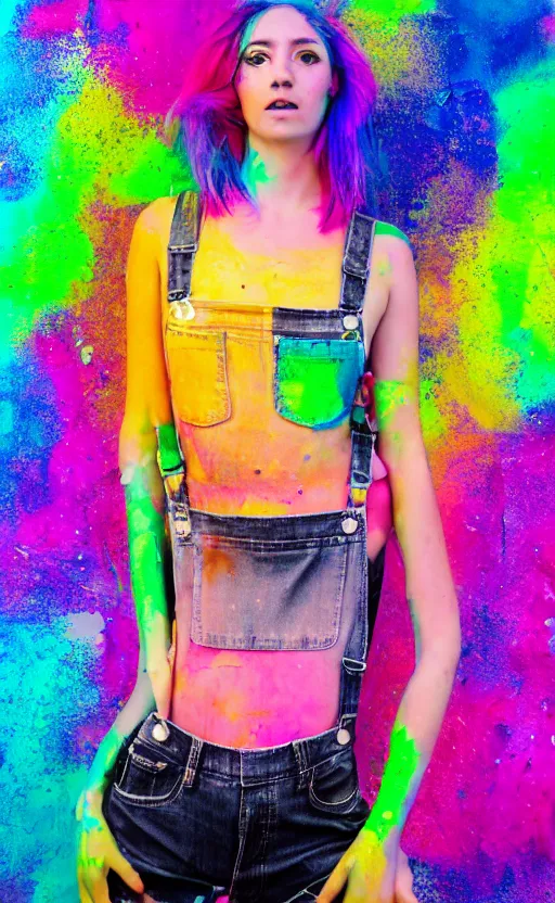 Image similar to grungy woman, rainbow hair, soft eyes and narrow chin, dainty figure, wet t-shirt, torn overalls, skimpy shorts, covered in neon paint, luminescent, black background, Sony a7R IV, symmetric balance, polarizing filter, Photolab, Lightroom, 4K, Dolby Vision, Photography Award