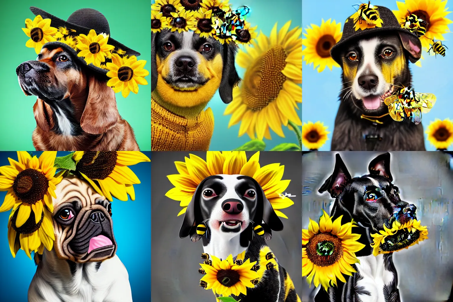 Prompt: dog with a bumblebee coat wearing a sunflower covered in bumblebees as a hat, photo realistic, studio lighting, realistic shadows