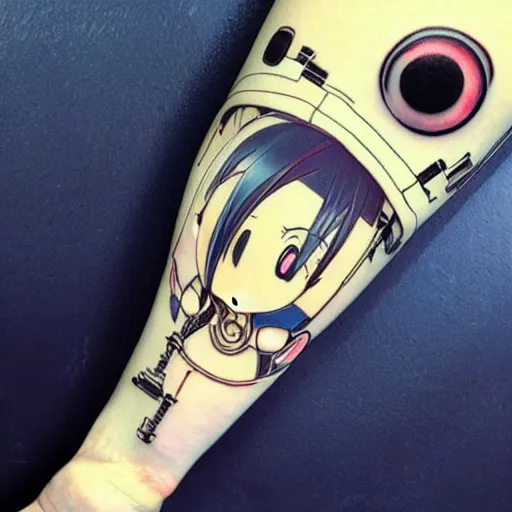 Image similar to Anime manga robot!! Anime girl tattoo, cyborg girl, exposed wires and gears, fully robotic!! girl, manga!! in the style of Junji Ito and Naoko Takeuchi, cute!! chibi!!! Schoolgirl