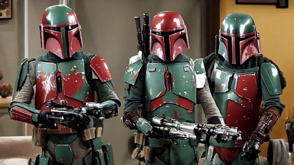 Prompt: still image of boba fett in an episode of the big bang theory, cinematic
