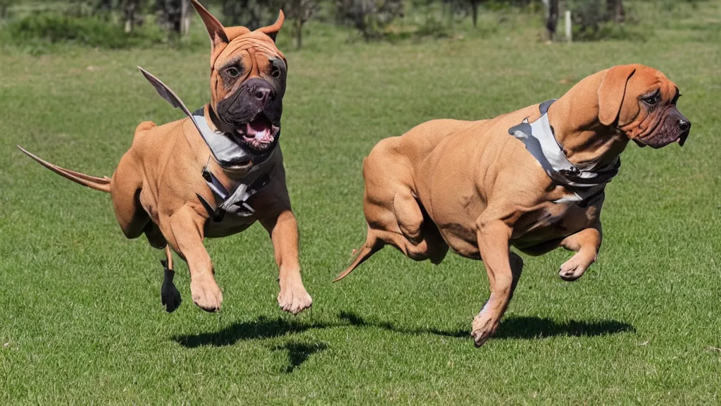 Prompt: a tan boerboel with a shark fin chasing kangaroos