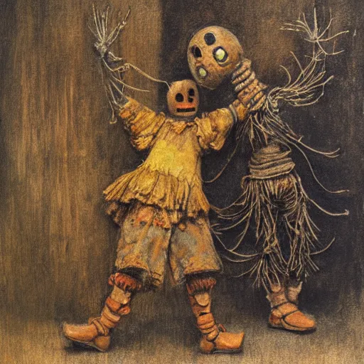 Prompt: detailed soft painting of a robot scarecrow and his wife dancing. rembrandt style elegant highly detailed artstation concept art matte folk horror art by arthur rackham