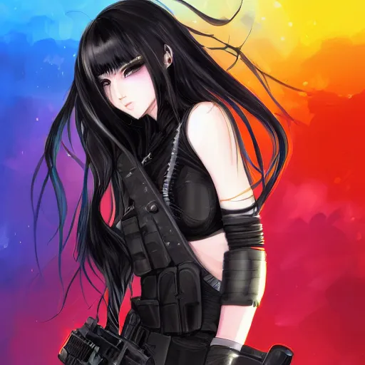 Image similar to upper body portrait of a beautiful girl with long black hair, wearing black riot gear, holding AR-15, drawn by WLOP, by Avetetsuya Studios, attractive character, colored sketch anime manga panel, trending on Artstation