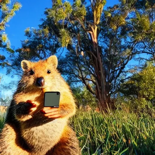 Prompt: happy quokka taking a selfie and smoking a big cannabis joint, golden hour, ultra realistic