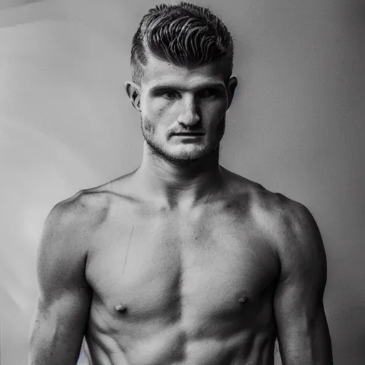 Image similar to a realistic detailed photo of a guy who is an attractive humanoid who is half robot and half humanoid, who is a male android, soccer player timo werner, shiny skin, posing like a statue, blank stare, in a living room, on display, showing off his muscles, with a twin