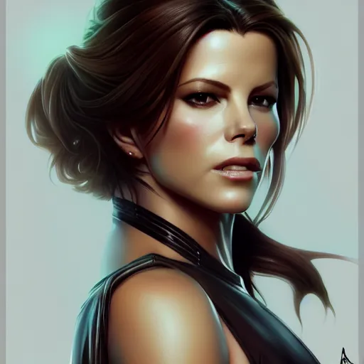 Image similar to a portrait of kate beckinsale as katana girl, upper half portrait, urban motifs, intricate, elegant, highly detailed, digital painting, trending on artstation, concept art, smooth sharp focus, illustration, art by artgerm and greg rutkowski alphonse mucha 8 k