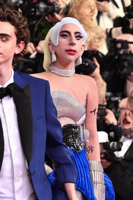 Image similar to timothee chalamet and lady gaga holding hands, beautiful detailed faces, canon eos, featured, flash lighting