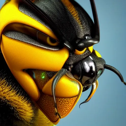 Prompt: still photo of bumblebee with fire in its eyes, insect photography, highly detailed, photorealistic portrait, bright studio setting, studio lighting, crisp quality and light reflections, unreal engine 5 quality render