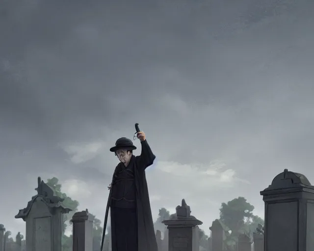 Image similar to a 50 year old brunnete chinese man Standing at a funeral in a cemetery next to the grim reaper, horror scene, dramatic, anime art, Greg Rutkowski, studio ghibli, dramatic lighting