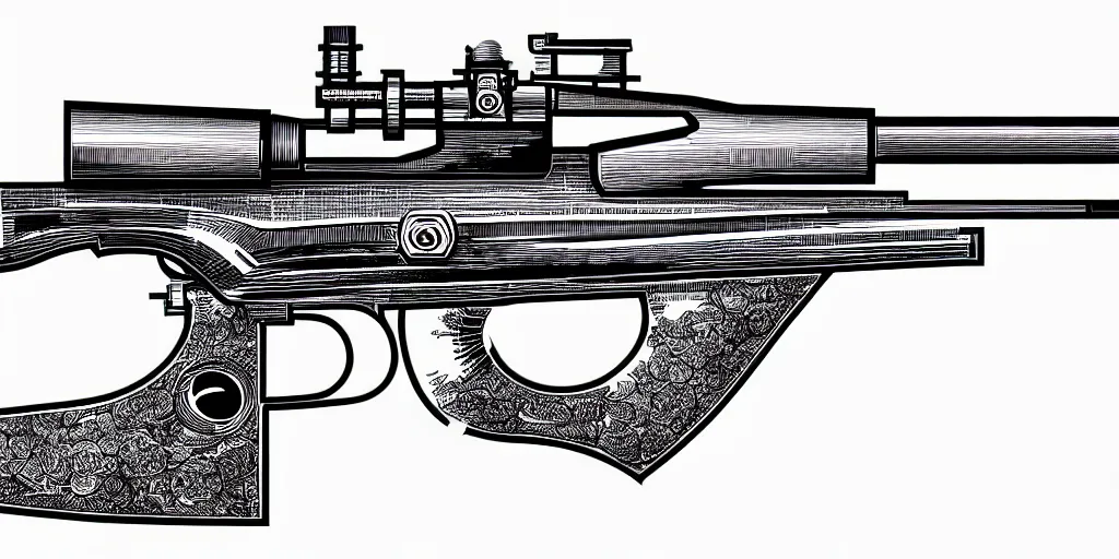 Image similar to a full page schematic diagram illustration of a lever - action rifle, ultra detailed, 4 k, intricate, encyclopedia illustration, fine inking lines