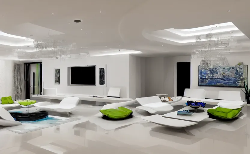 Prompt: Interior shot of a white boujee mansion with modern colorful furniture, very coherent,painted by DotPigeon airbrush