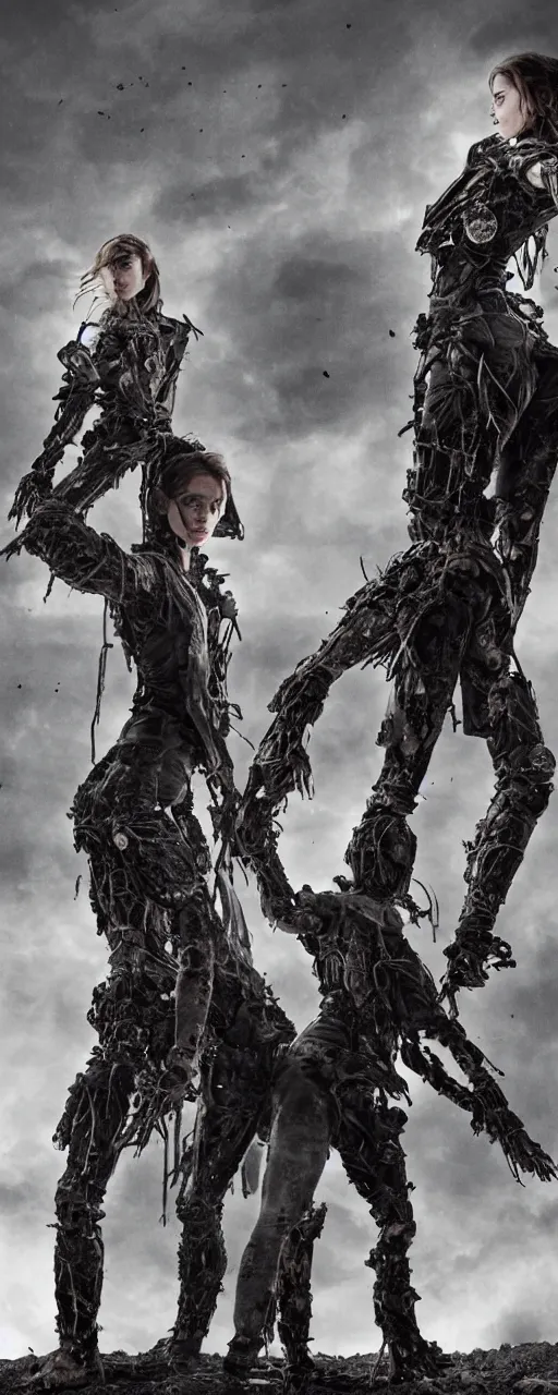 Prompt: Emma Watson fractal armour twinned conjoined sisters action poses dishevelled photorealistic portrait grimy sweating wet face dirty t-shirt and torn jeans in broken biomechanical fractal armour abandoned exploding sci-fi gas station, dark and dim atmospheric smog trending on artstation 8k matte painting, dramatic lighting, dramatic shadows professional photograph by Lee Miller