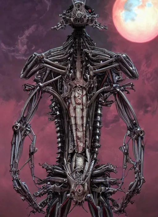 Image similar to Neon Genesis Evangelion by Yoshitaka Amano, by HR Giger, biomechanical, 4k, hyper detailed, hyperrealism, anime, a Blood Moon rising on a Broken World, deviantart, artstation