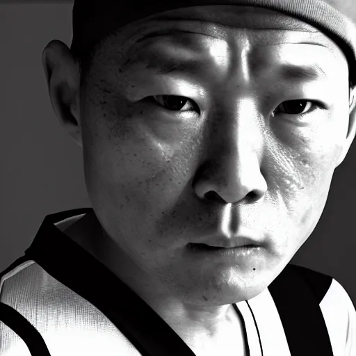 Image similar to minoru suzuki after a match, black and white, photographic, photoreal, in the style of Stanley Kubrick, 4k, award-winning, rendered in Octane, rendered in Unreal engine