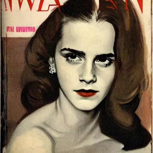 Prompt: Emma Watson portrait, vintage magazine illustration 1950