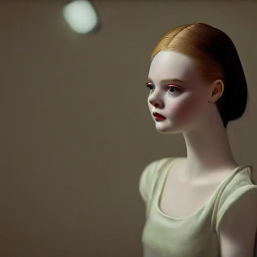 Prompt: Elle Fanning as a porcelain doll at night in the world of Edward Hopper, stormy snowy weather, streetlights, extremely detailed masterpiece, oil on canvas, low-key neon lighting, artstation, Blade Runner 2049, Roger Deakin’s cinematography, by J. C. Leyendecker and Peter Paul Rubens,