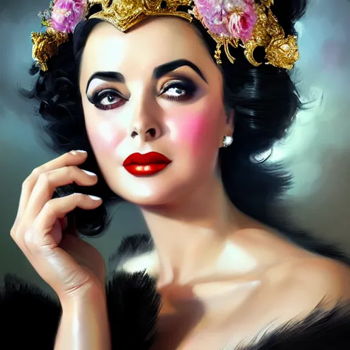 Prompt: expressive oil painting, of alluring elizabeth taylor, seductive look, smooth glowing skin, black dress, ornate headpiece made from flowers, glamour shot, by yoshitaka amano, by greg rutkowski, by jeremyg lipkinng, by artgerm, digital art, octane render