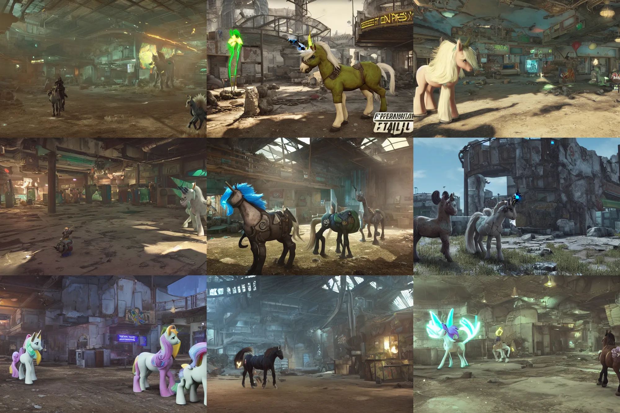 Prompt: ps 4 fps gameplay screenshot | fallout : equestria | quadrupedal, unreal engine 5, 8 k, my little pony : friendship is magic, fallout, crossover | white unicorn pony with brown shaggy mane with glowing green magic around her horn exploring super duper mart supermarket interior ruins