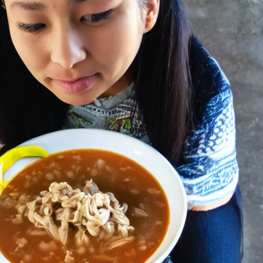 Prompt: Rika Furude eating pozole