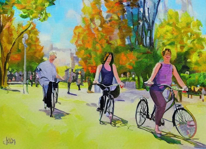 Image similar to a couple on bicycles in the park painting