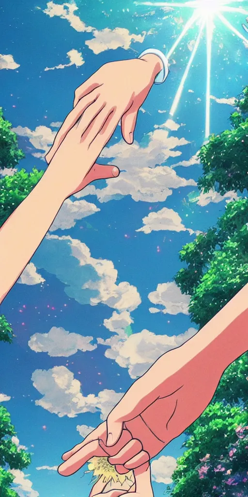 Image similar to a man and a woman holding hands under a beautiful sun drawn like the anime Your Name anime, intricate, psychedelic, tarot card