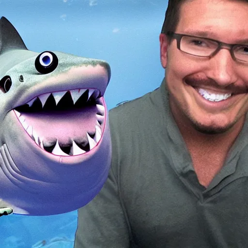 Image similar to a shark with markipliers face