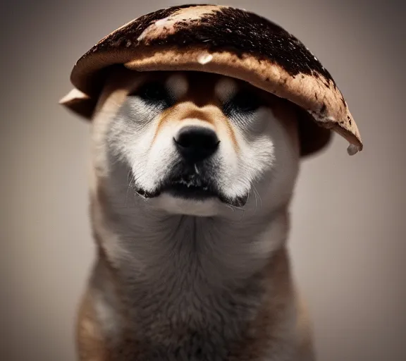 Image similar to a portrait of shiba inu with a mushroom cap growing on its head by luis royo. intricate. lifelike. soft light. sony a 7 r iv 5 5 mm. cinematic post - processing