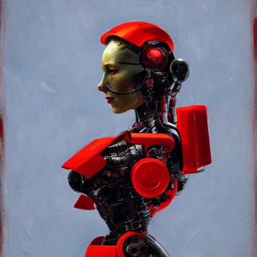 Image similar to Van Gogh portrait painting of a cyborg girl with black and red robotic parts, medium shot, asymmetrical, profile picture, Organic Painting, sunny day, Matte Painting, bold shapes, hard edges, street art, trending on artstation, by Huang Guangjian and Gil Elvgren and Sachin Teng