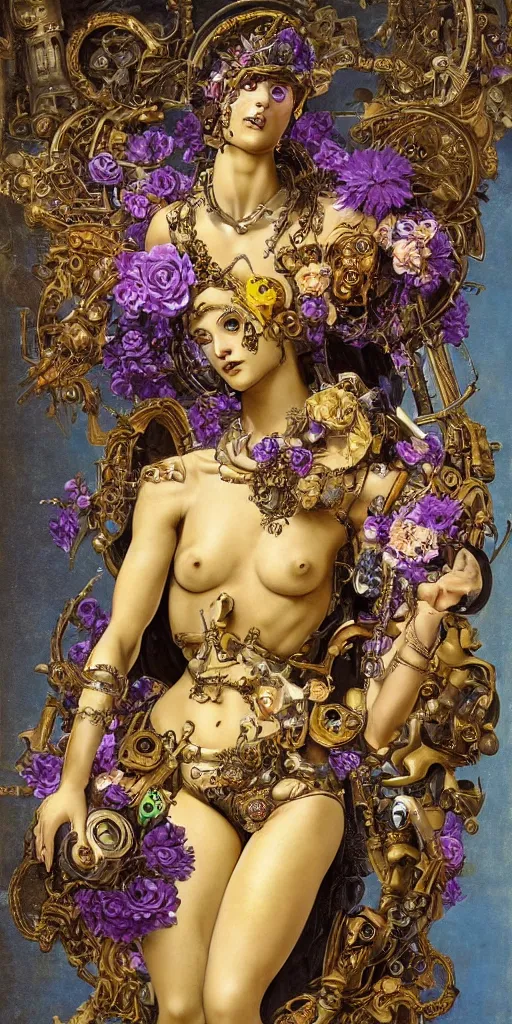 Image similar to a young beautiful Italian metal android with a large glowing yellow lit crystal in the center of her chest, full-body bronze cyberpunk style statue of Venus with glowing purple eyes, crown of mechanical peach roses, flowing teal-colored silk, fabric, steampunk flowers. baroque elements, human skull. full-length view. baroque element. intricate artwork by caravaggio. many flying horses on background. Trending on artstation, octane render, cinematic lighting from the right, hyper realism, octane render, 8k, depth of field, 3D