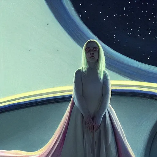 Prompt: closeup : billie eilish as the empress of the universe sits on stellar throne, concept art for a scifi film. by edward hopper. sharp focus, cinematic atmosphere, detailed and intricate, perfect anatomy, meticulous detail