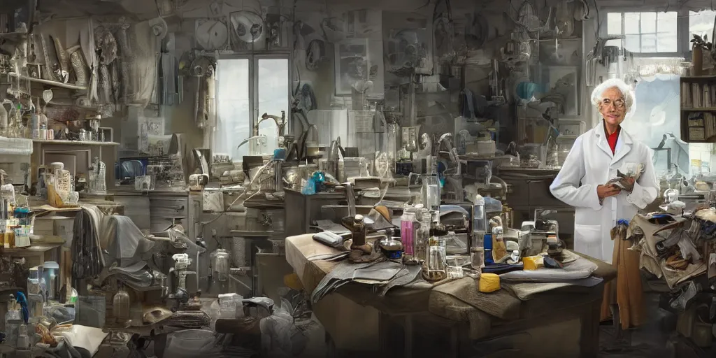 Prompt: an environmental concept art of an elderly female scientist in a cluttered workshop, surigcal impliments, surgery table, highly detailed, cinematic, dramatic