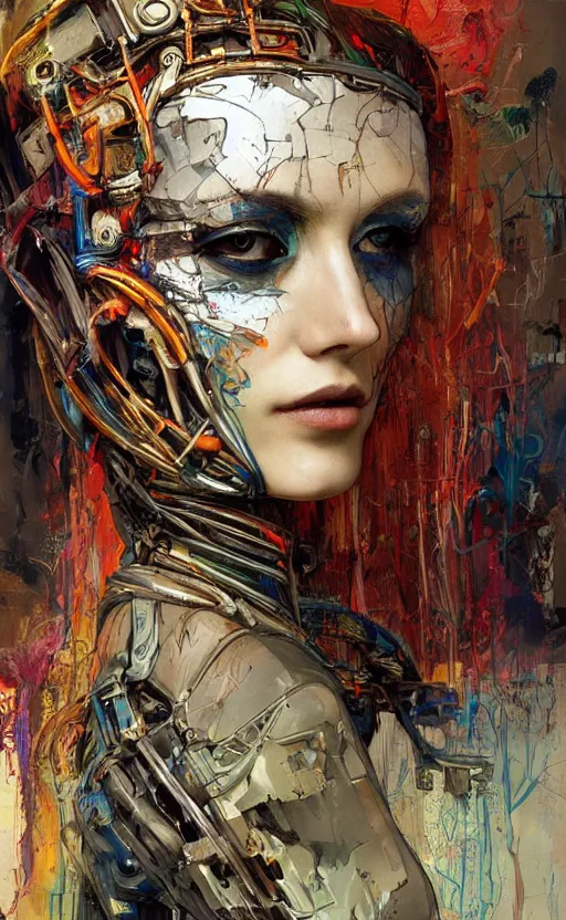 Image similar to beautiful woman made of mech mask rendered in unreal engine, cyberpunk, rave, scifi, painted by albrecht durer | bernard buffet | carne griffiths | wlop