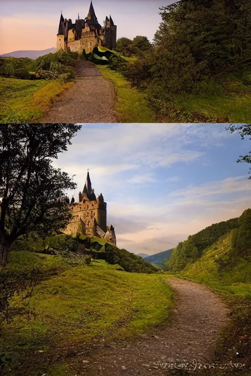 Image similar to photochrom, a hilly landscape with castle and path