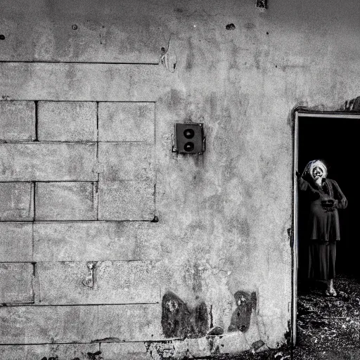 Prompt: scary old lady laughing in an abandoned prison, security camera, black and white, real