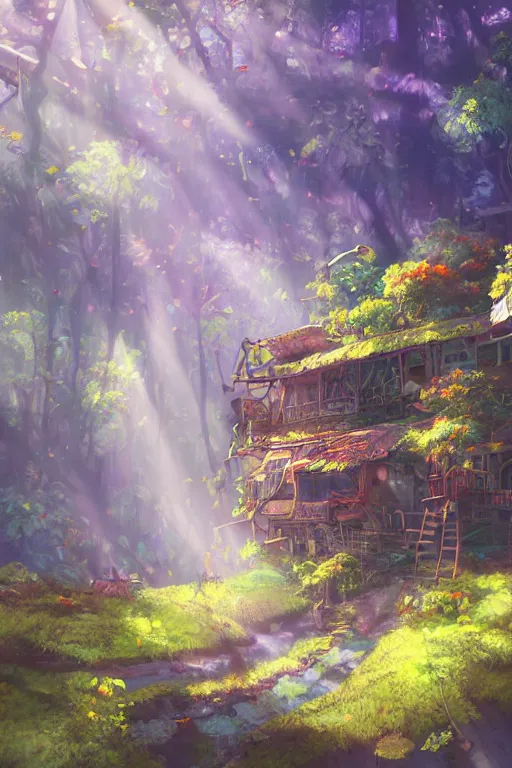 Image similar to a cheerful and whimsical ramshackle multistory hut in the woods, intricate, elegant, fantasy, highly detailed, digital painting, concept art, sharp focus, illustration, beautiful volumetric lighting, beams of light, epic light, artstation, magic hour lighting, colorful, sunshine, spring, art by Studio Ghibli