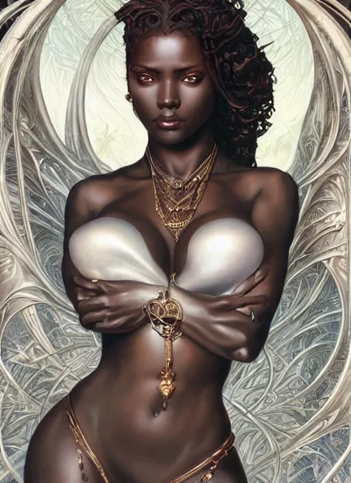Prompt: a highly detailed symmetrical full body portrait of a sensual dark skinned female fantasy character with piercing beautiful eyes, art by artgerm and karol bak and mark brooks and donato giancola and bayard wu and gustav moreau and wayne barlowe