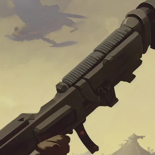 Image similar to greg manchess video game weapon icon of a dieselpunk grenade launcher, matte grey background, key visual, digital painting, artstation, concept art, by makoto shinkai and akihiko yoshida and hidari and wlop and greg rutkowski