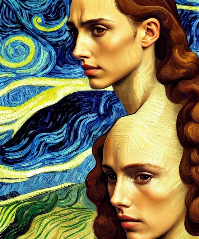 Image similar to half Nathalie portman half jessica alba portrait by Sandro Botticelli and Van gogh, sci-fi, amber eyes, beautiful face, appealing long hair, fantasy, intricate, elegant, highly detailed, digital painting, artstation, concept art, smooth, sharp focus, oil painted illustration by Sandro Botticelli and Van Gogh