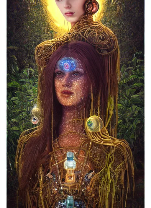 Image similar to oil painting of android woman covered by plants and crystals in the mystical forest, beautiful symmetrical face, renaissance style, wires and cords, golden steampunk, retro futurism, sci - fi, filigree jewellery, baroque, cinematic light, mystical shadows, 8 k