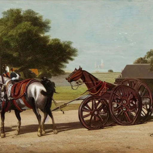 Image similar to a horse pulling a canon. the canon is harnessed to the horse and towed. the canon has a long barrel